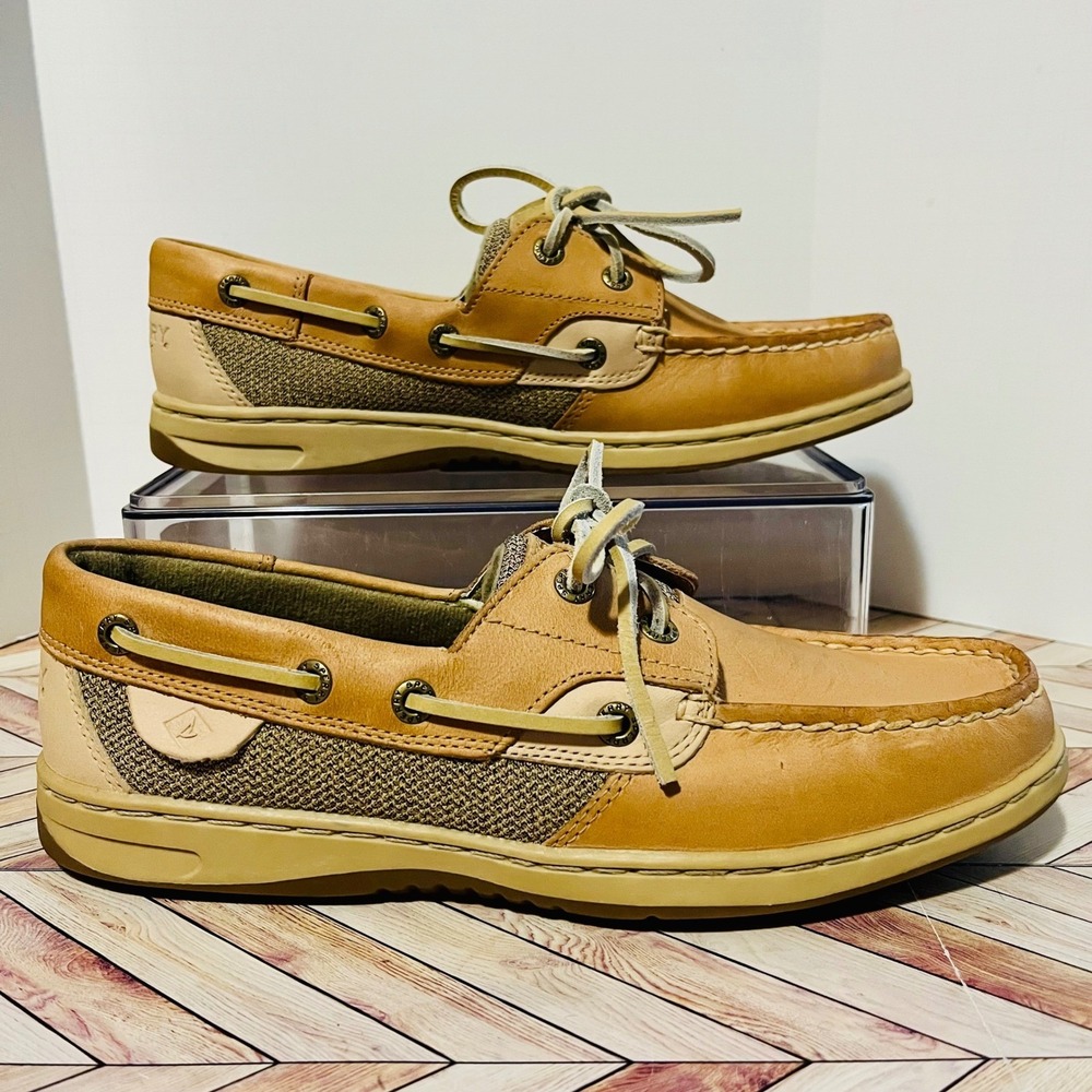Sperry Bluefish 2 Eye Boat Shoe Linen Tan Women 8 Leather Beach Nautical 9276619